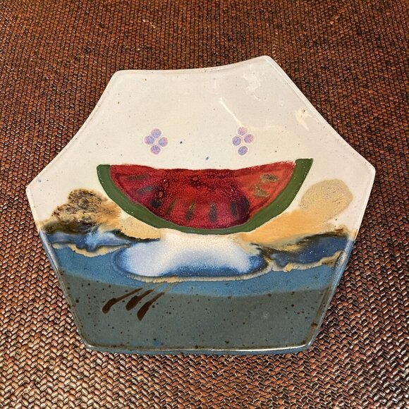 VTG Jerry Chappelle Art Pottery Ceramic Octagon Platter Watermelon Design - Picture 2 of 9